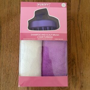 Purify Shampoo and Scalp Brush with White and Purple Hair Turbans